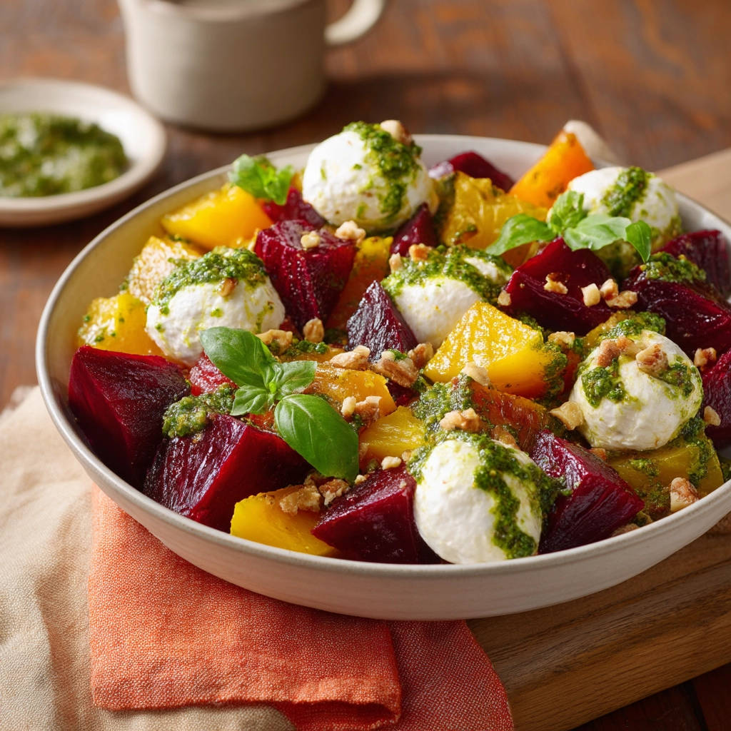 Colorful beet & mozzarella salad recipe with pesto drizzle and chopped nuts, served in a bowl.