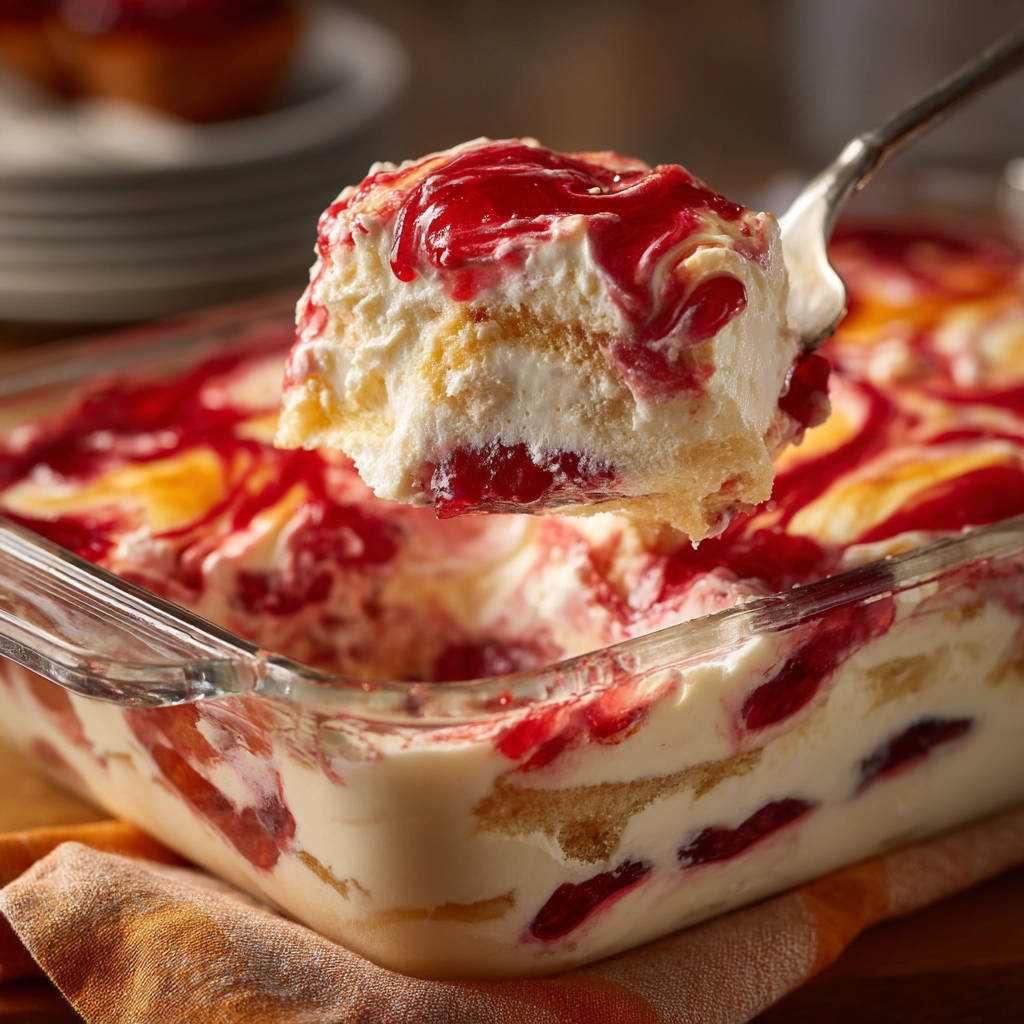 Easy Berry Swirl Delight, a slice is lifted from the no-bake dessert showing its creamy layers and berry swirl.