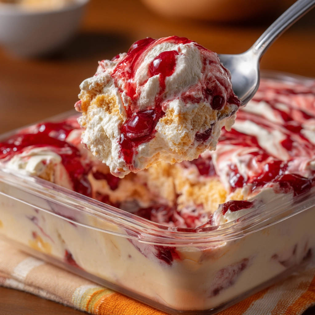 Easy Berry Swirl Delight shown in a close-up with a spoonful being lifted out, revealing layers of cream and fruit.