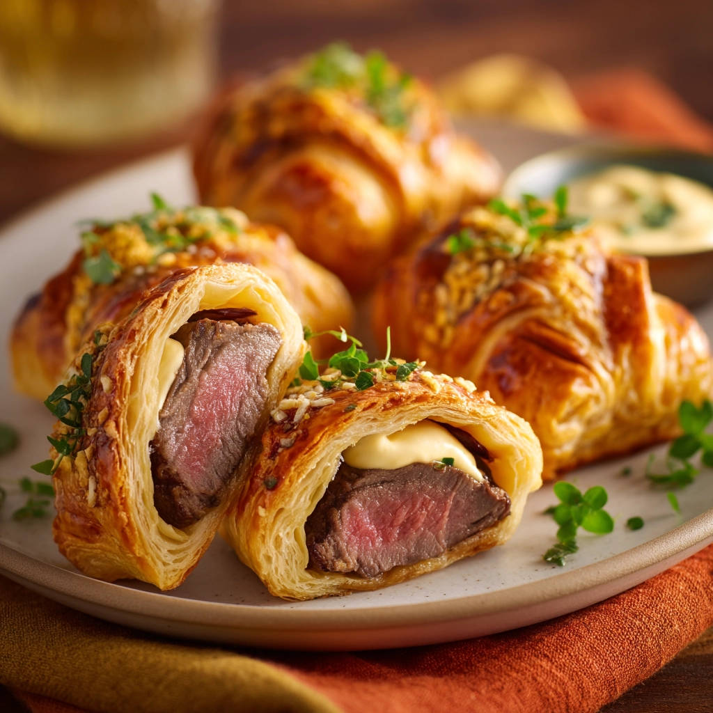 Bite-sized Beef Wellingtons shown in a close-up cross-section revealing the tender steak and flaky pastry.