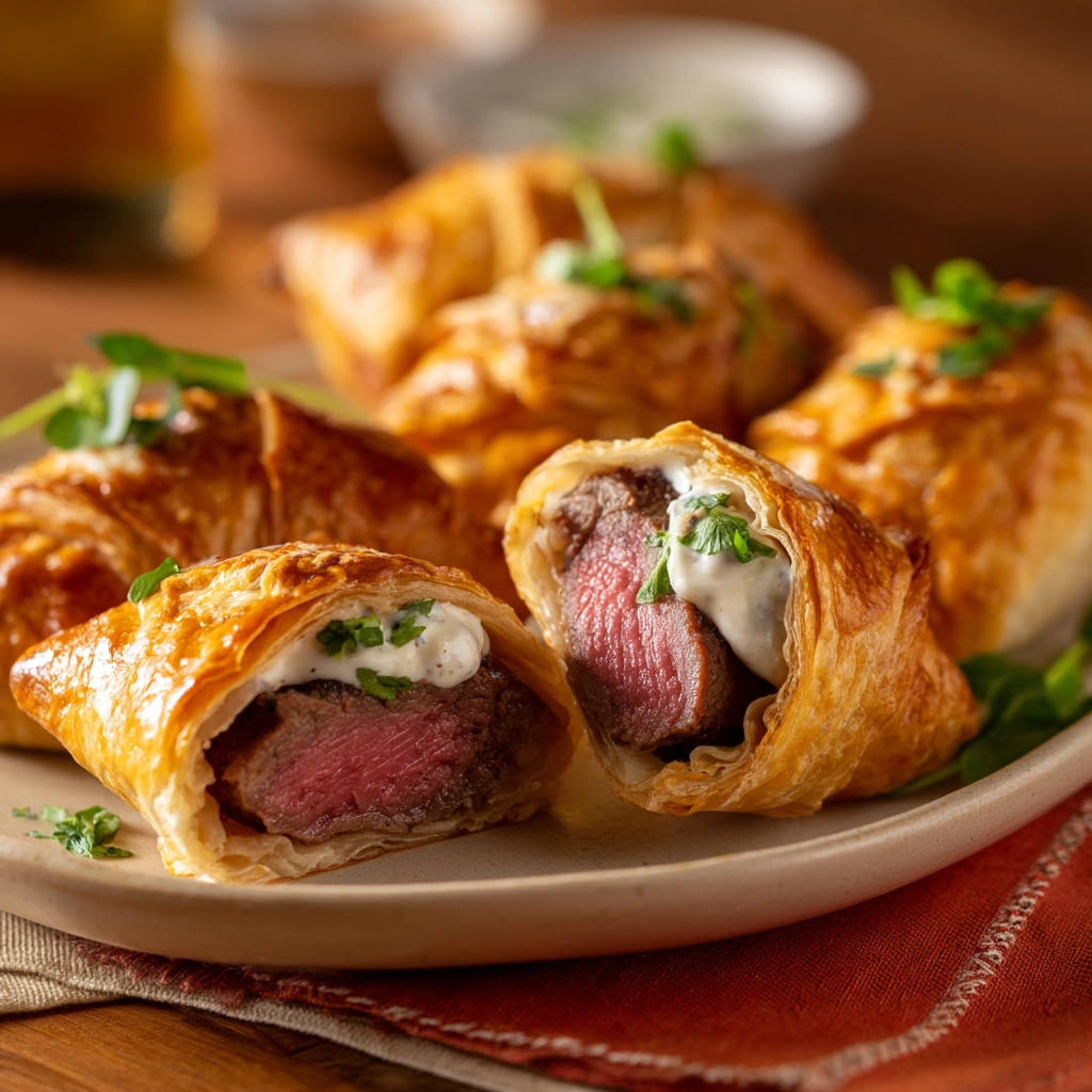 Bite-sized beef Wellingtons shown in a close-up cross-section with flaky pastry and tender beef.