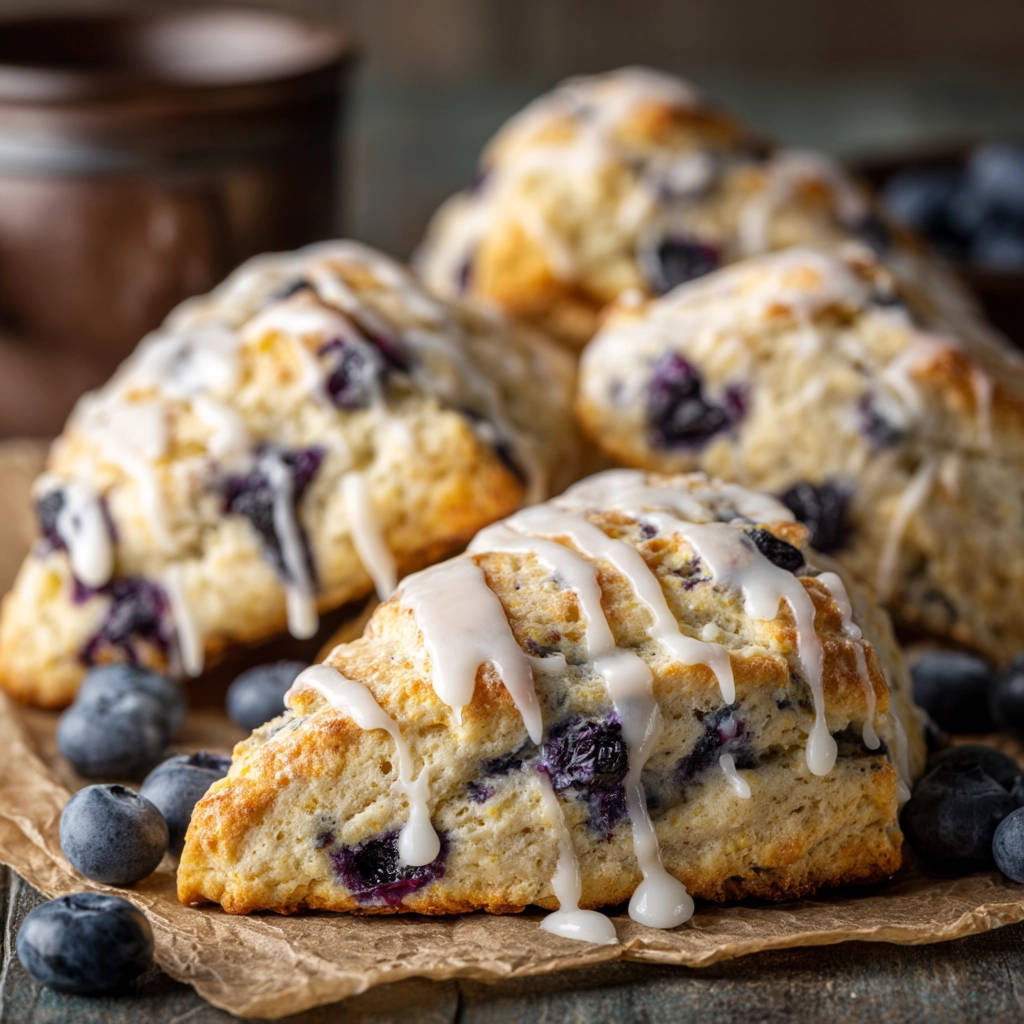 Classic blueberry scones drizzled with white glaze, with fresh blueberries scattered around.