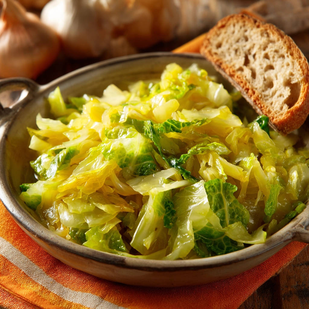 Easy braised cabbage served in a rustic bowl with a slice of crusty bread and onions in the background.