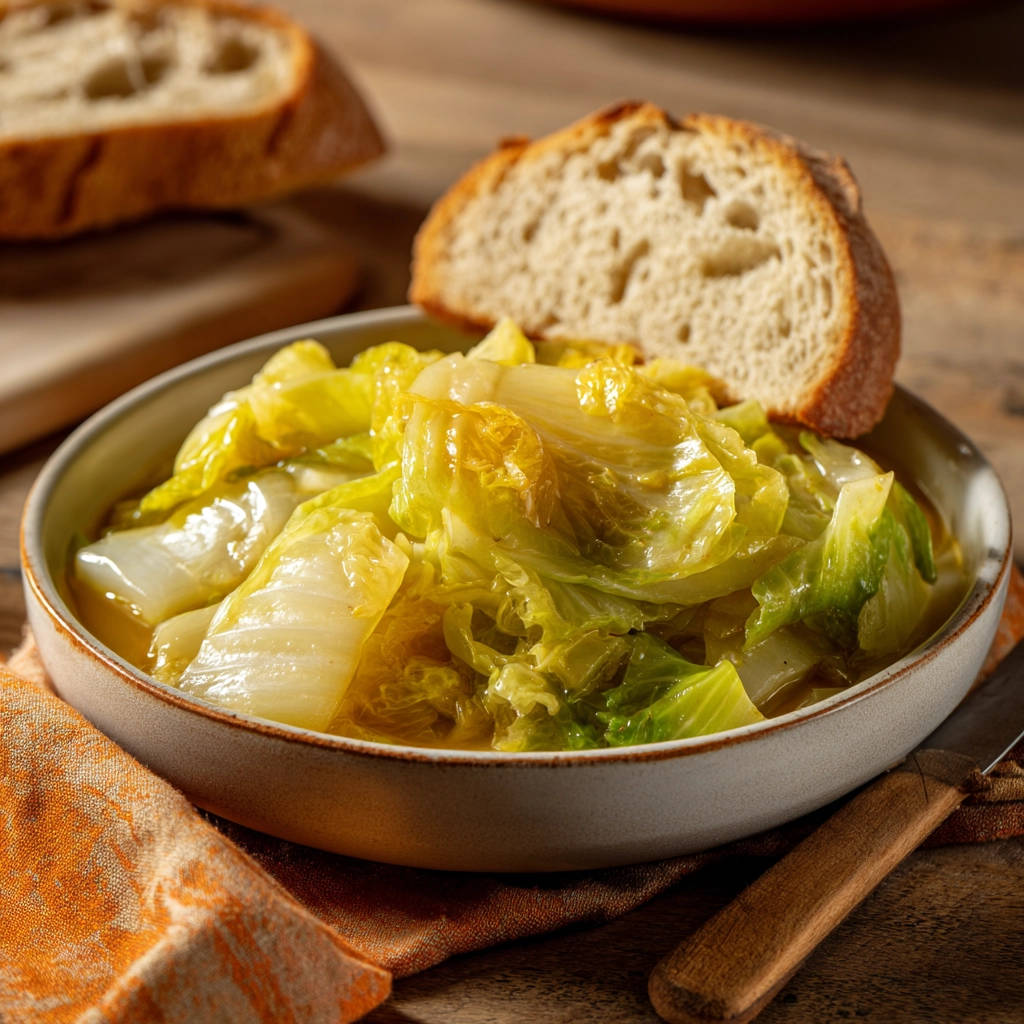 Easy braised cabbage served in a rustic bowl with a slice of crusty bread on the side.