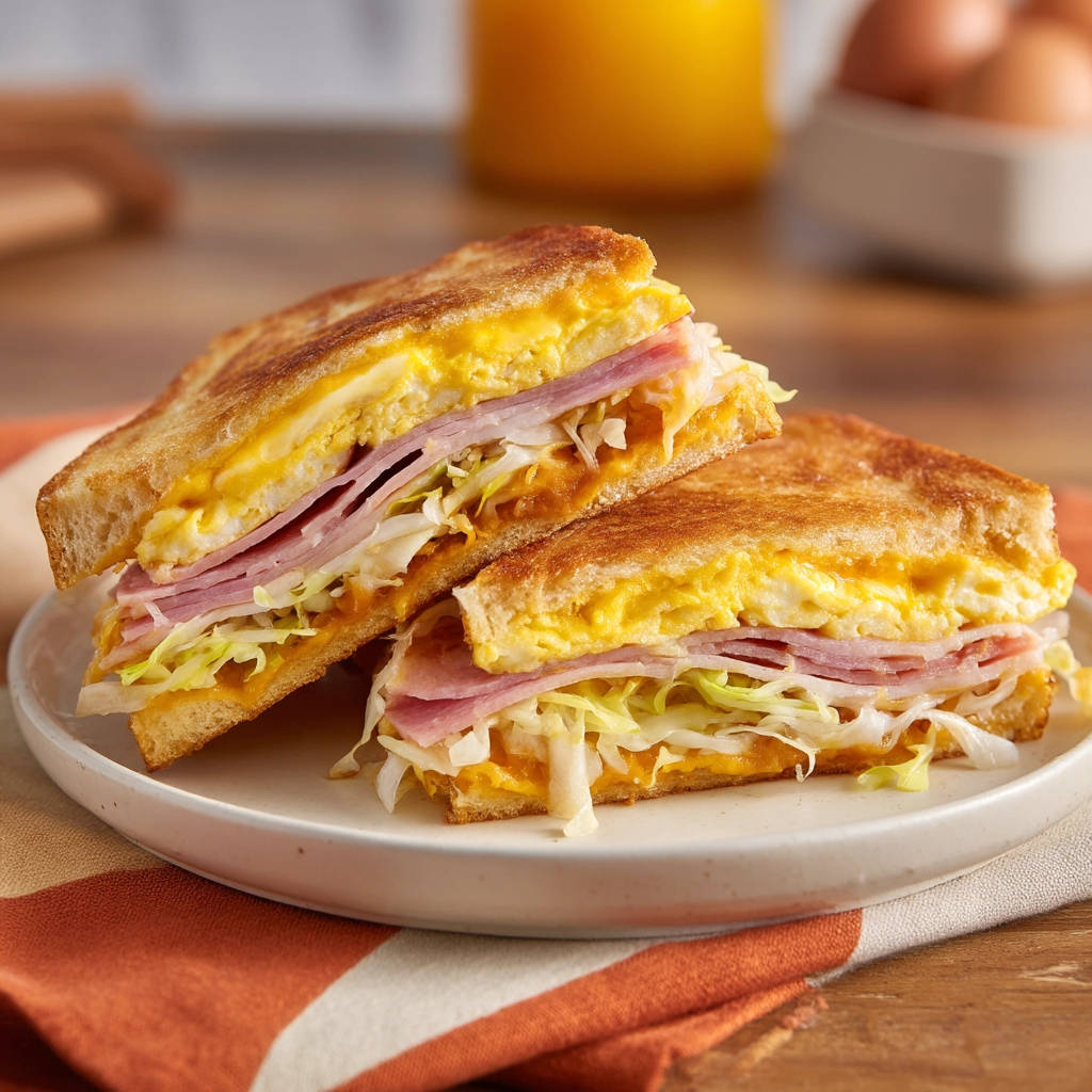 Ultimate breakfast melt cross-section showing layers of ham, cheese, egg, and cabbage on toasted bread.