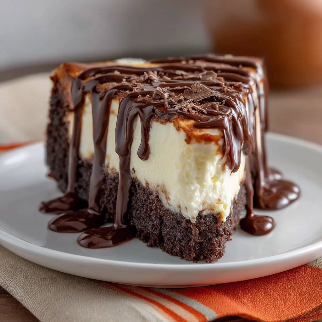 Brownie bottom chocolate cheesecake slice drizzled with chocolate sauce and chocolate shavings on a white plate