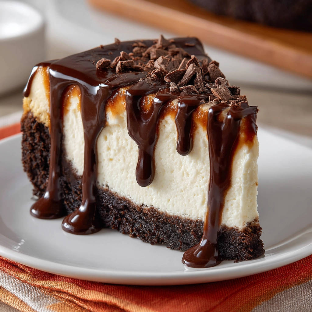 Brownie bottom chocolate cheesecake slice with rich chocolate glaze dripping down the sides and sprinkled with chocolate shavings.