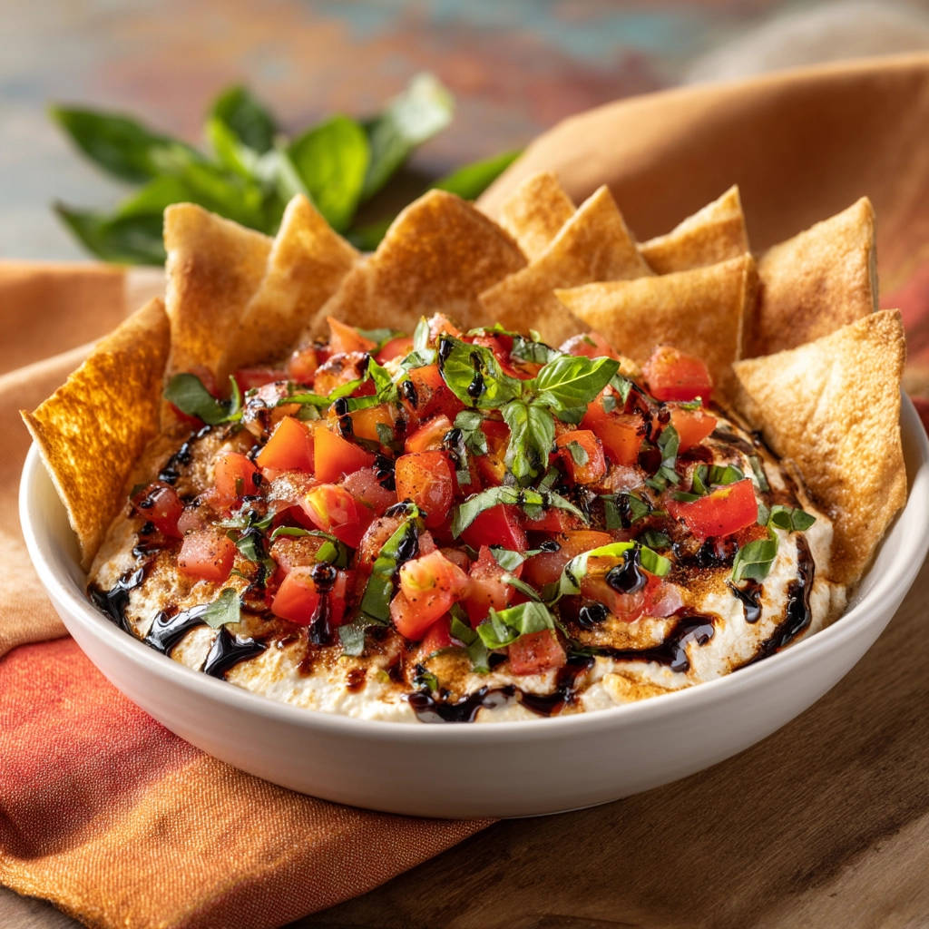 Bruschetta dip with pita chips and balsamic glaze, presented in a white bowl with fresh basil garnish.