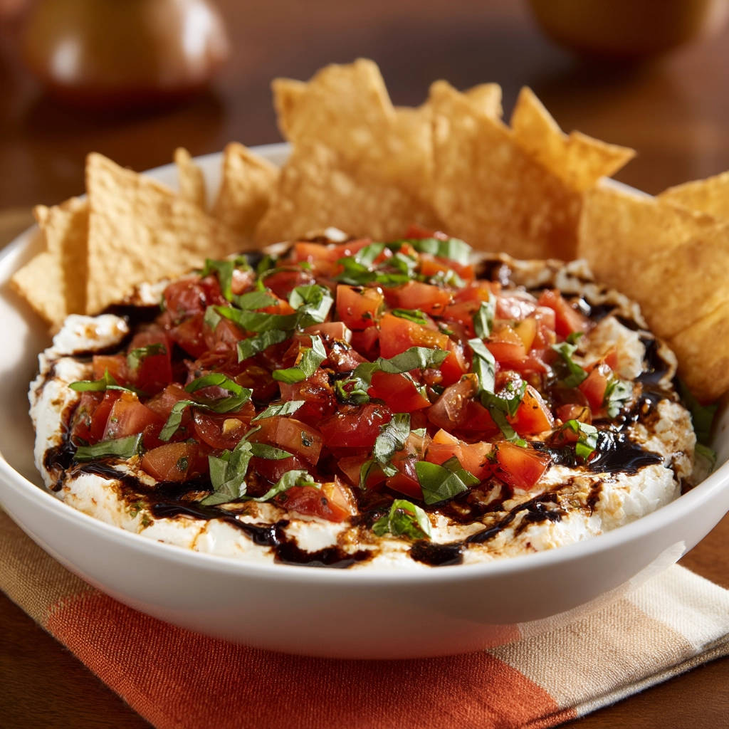 Bruschetta dip with tortilla chips, featuring fresh tomatoes, basil, and a balsamic glaze drizzle.