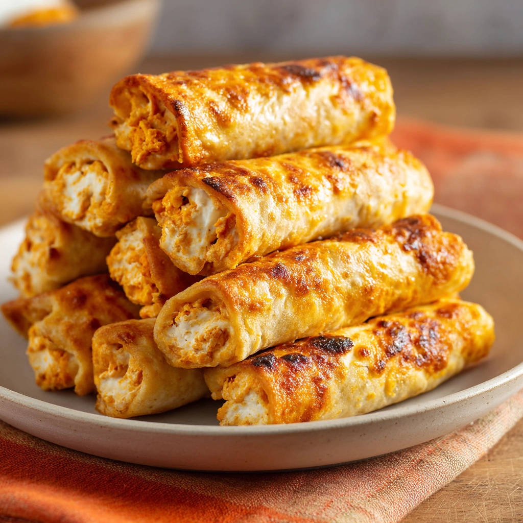 Buffalo chicken egg rolls stacked on a plate, showing a close-up view of their golden-brown exterior and filling.