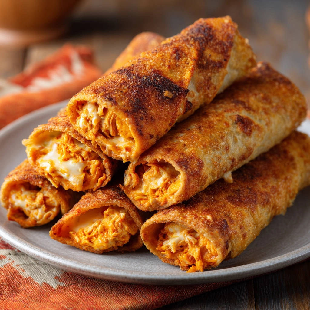 Buffalo chicken egg rolls cross-section showing gooey cheese and shredded chicken filling inside a golden-brown wrapper.