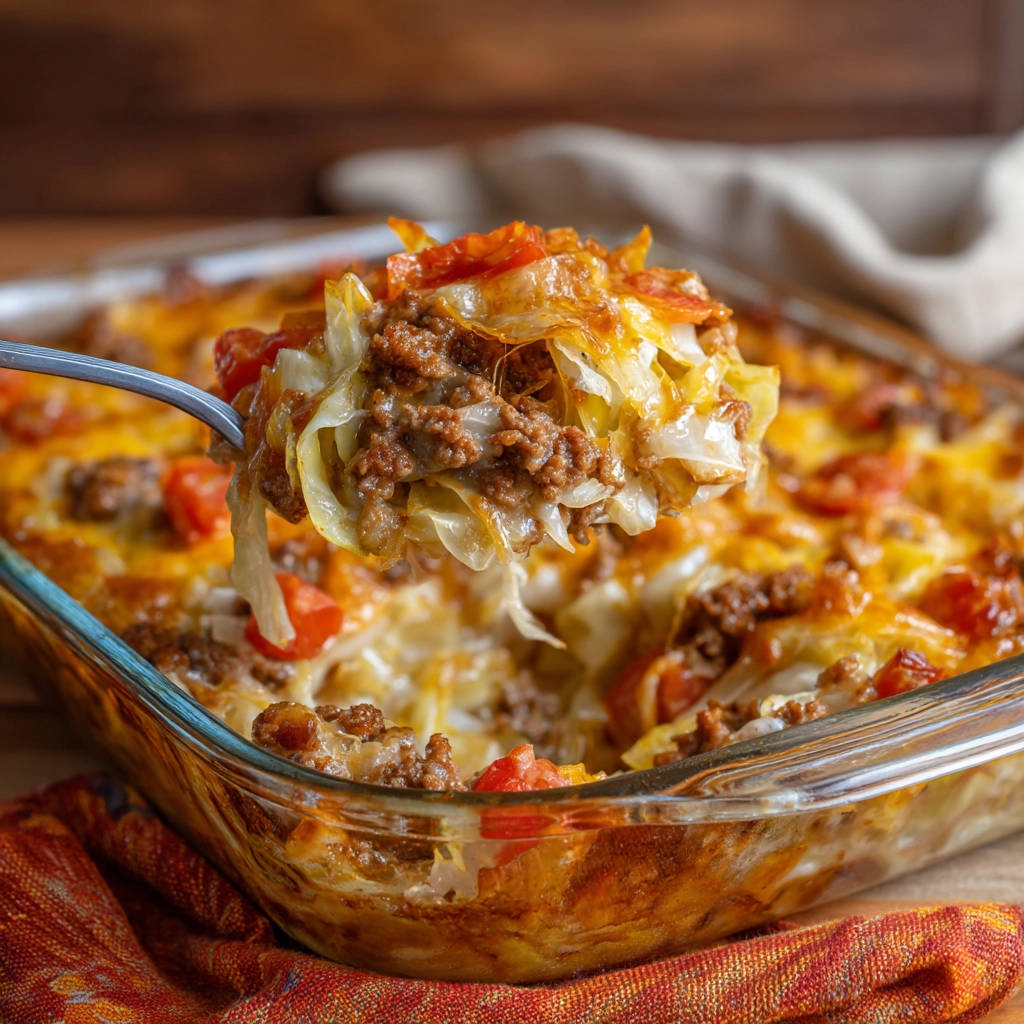 Hearty cabbage and beef bake shown in a close-up spoonful with melted cheese and tomatoes.