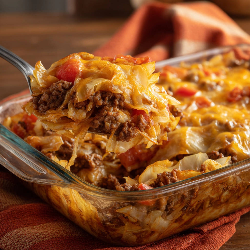 Hearty cabbage and beef bake shown as a spoonful being lifted from the baking dish, revealing the interior layers.