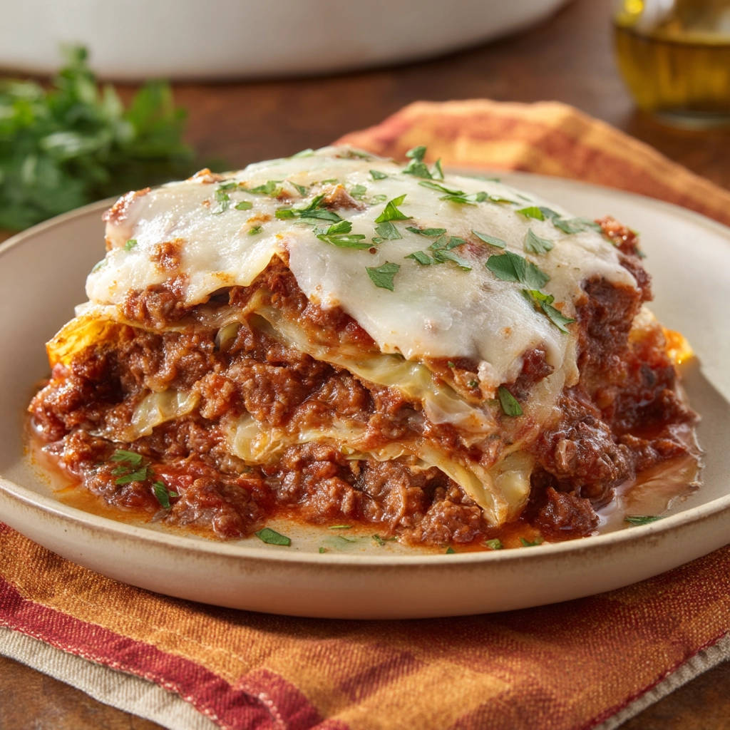 Cabbage lasagna bake close-up showing layers of pasta, meat sauce, and cheese, garnished with parsley.