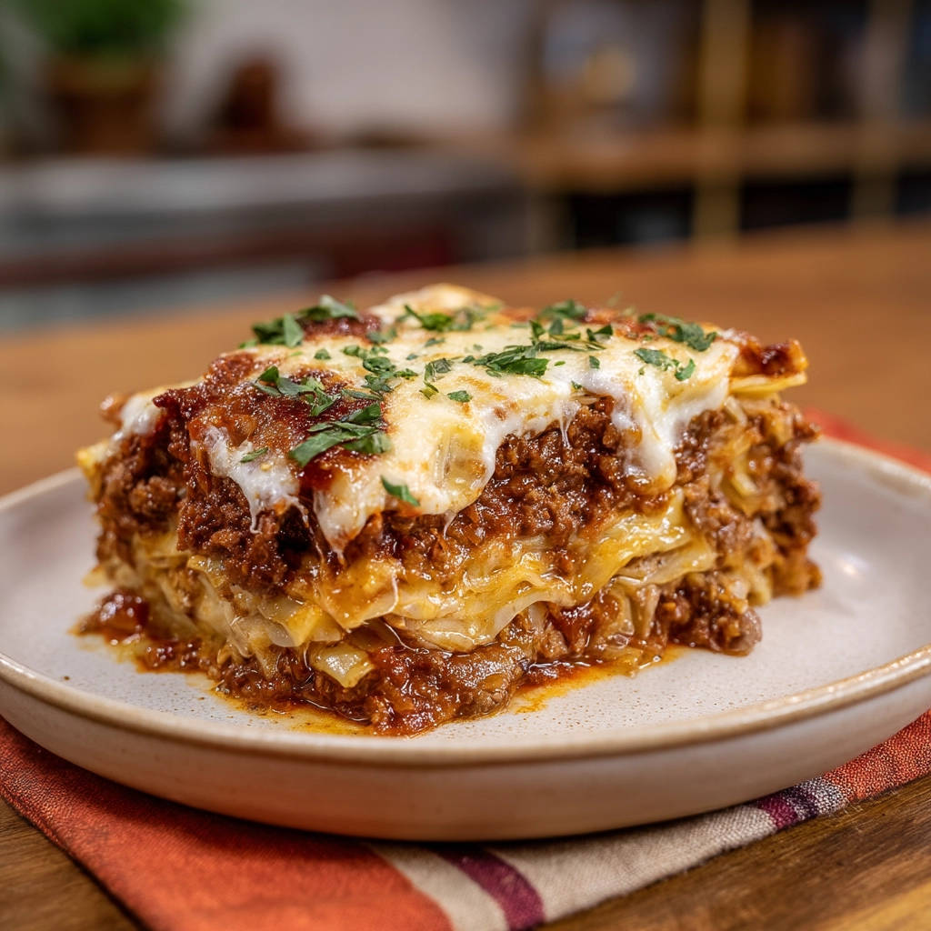 Cabbage lasagna bake plated slice showing layers of pasta, meat sauce, and cheese, garnished with parsley.
