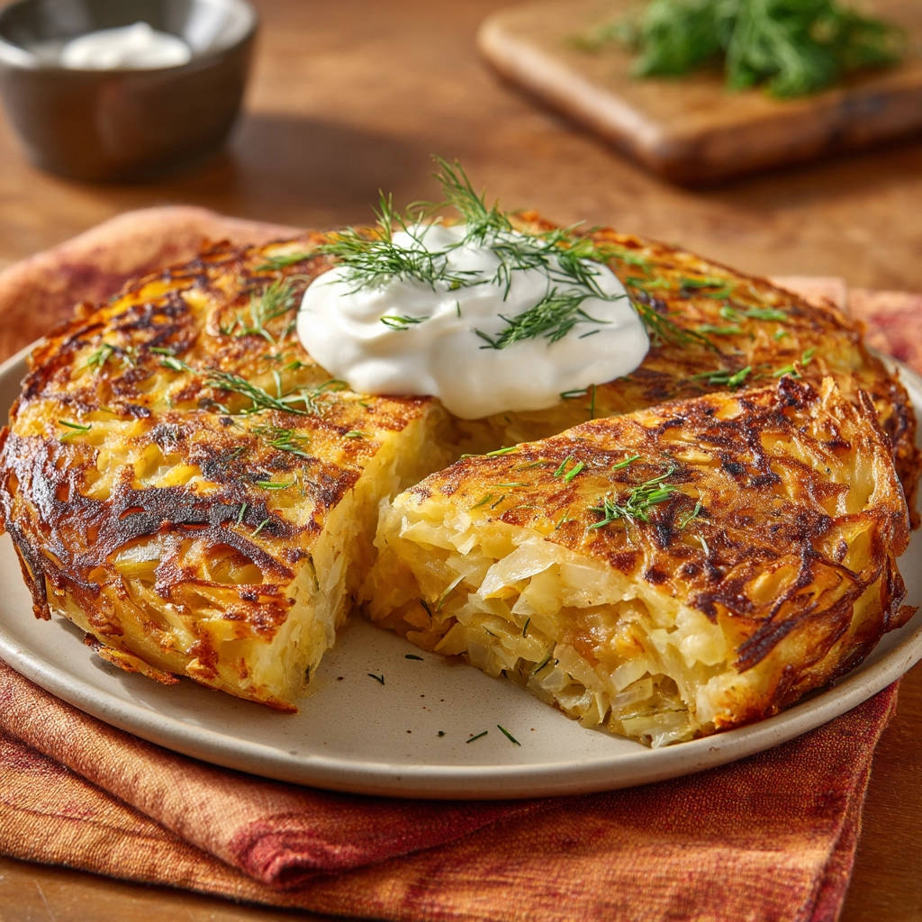 Easy savory cabbage and potato cake shown in a close-up cross-section with a dollop of sour cream and dill garnish.