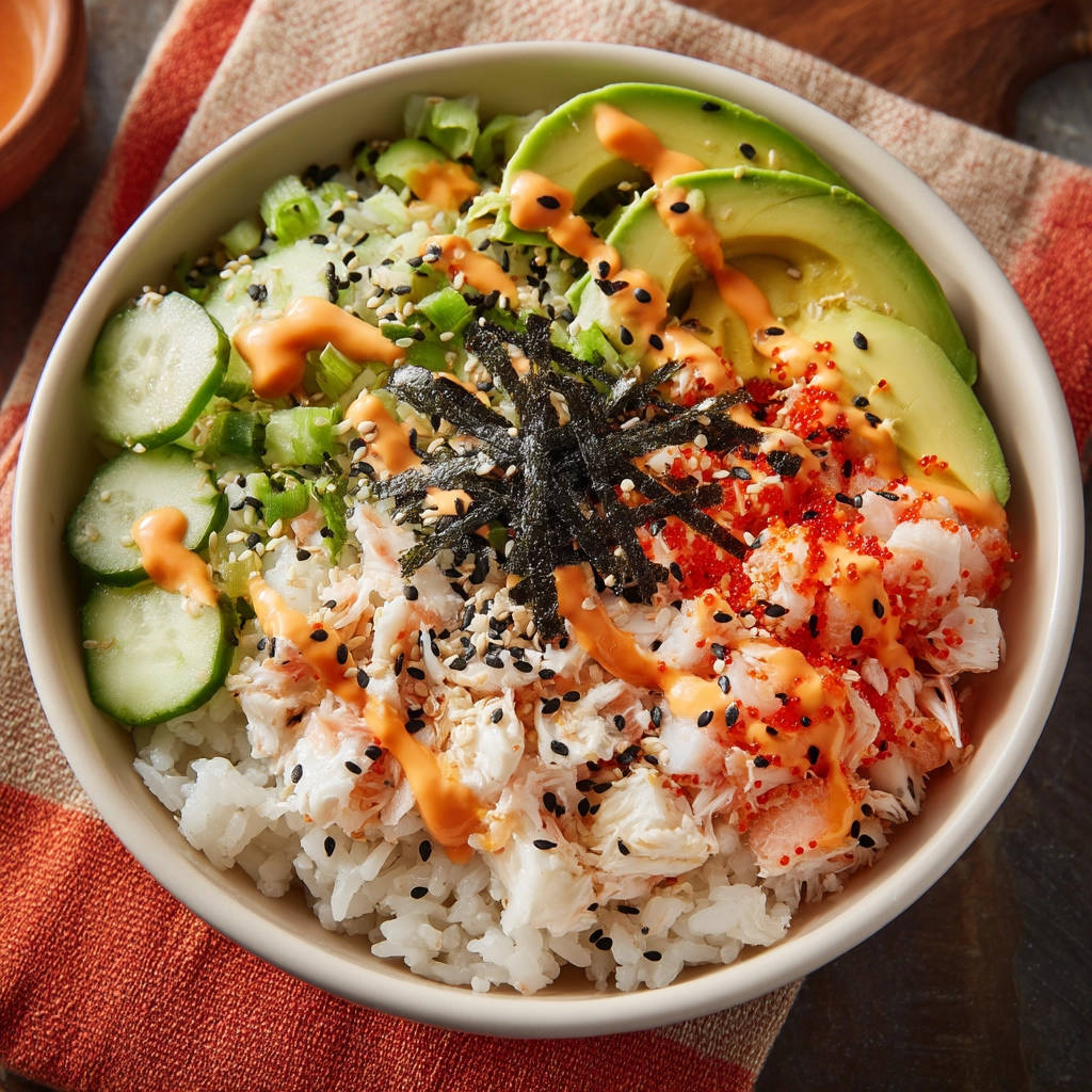 Easy California Roll Bowl shown in a close-up view, highlighting the crab, avocado, cucumber, and spicy mayo topping.