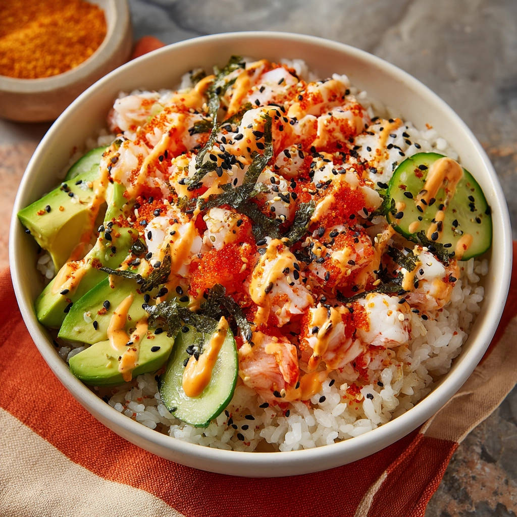 Easy California Roll Bowl with a close-up view of the shrimp, avocado, and spicy mayo toppings.