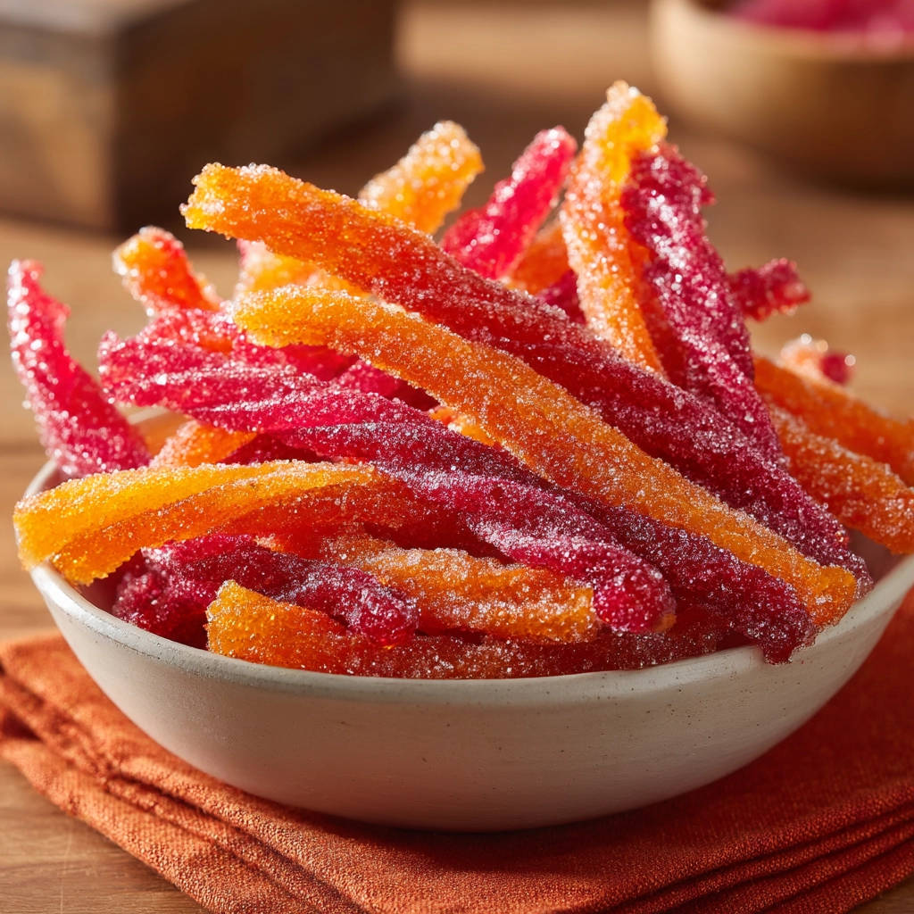 Candied citrus peels coated in sugar, piled high in a bowl, showcasing their vibrant colors and sparkling texture.