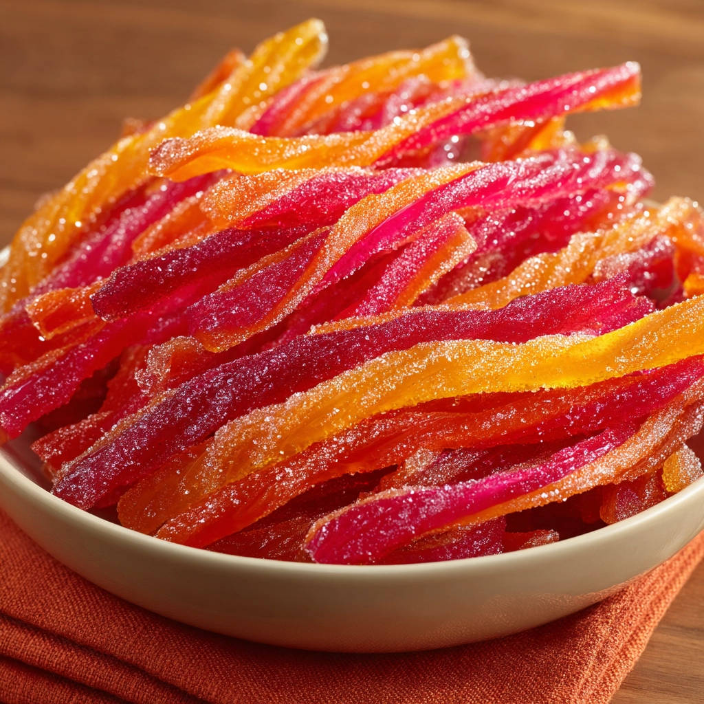Candied citrus peels shown as thin, sugar-coated twists in a bowl, with vibrant red and orange colors.