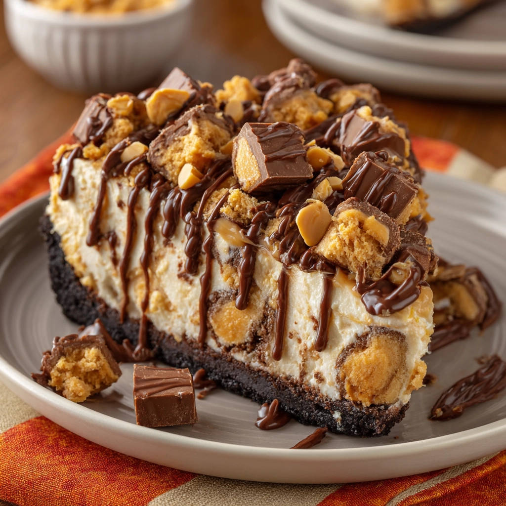 Candy Bar Dream Dessert shown as a decadent cross-section slice with chocolate drizzle and candy bar pieces.