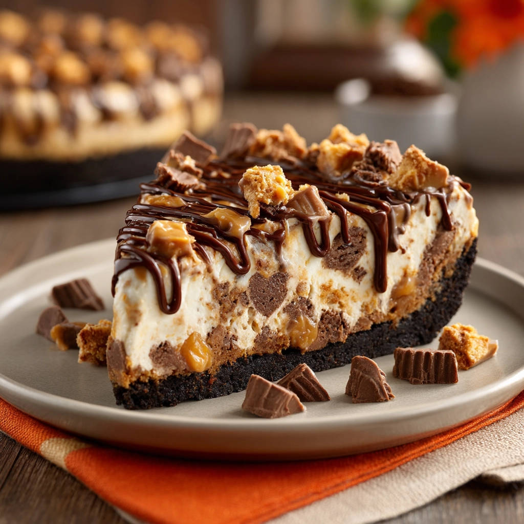 Candy bar dream dessert served as a plated slice showing layers of chocolate and caramel fillings.