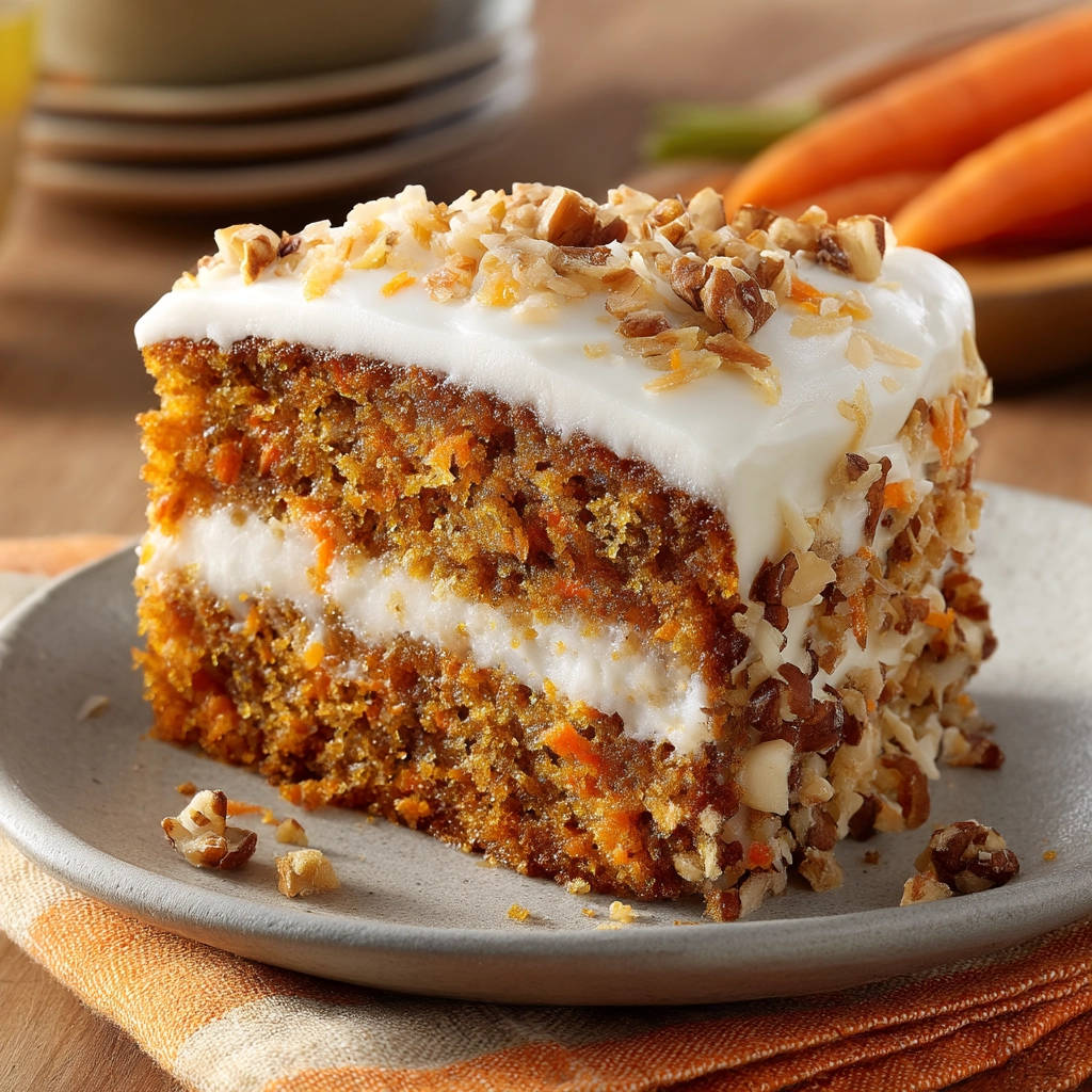 Carrot cake featuring moist, fluffy layers with cream cheese frosting and a nutty pecan topping, shown in a close-up cross-section.