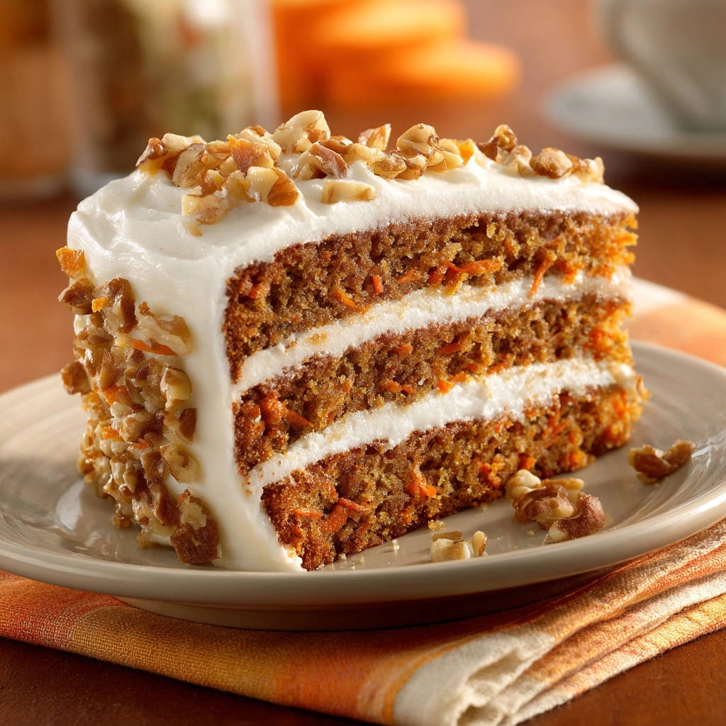 Carrot cake with moist, fluffy layers, a slice on a plate, topped with cream cheese frosting and walnuts.
