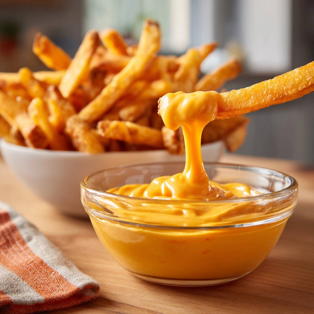 Silky smooth cheese sauce for fries being dipped by a french fry, showing the gooey texture.