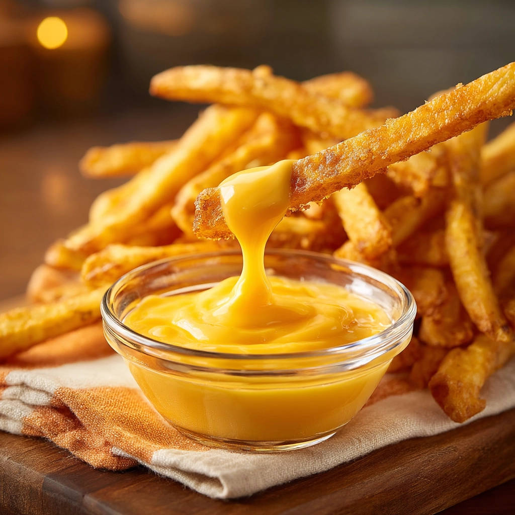 Silky smooth cheese sauce for fries shown being dipped with a french fry, creating a thick drip.