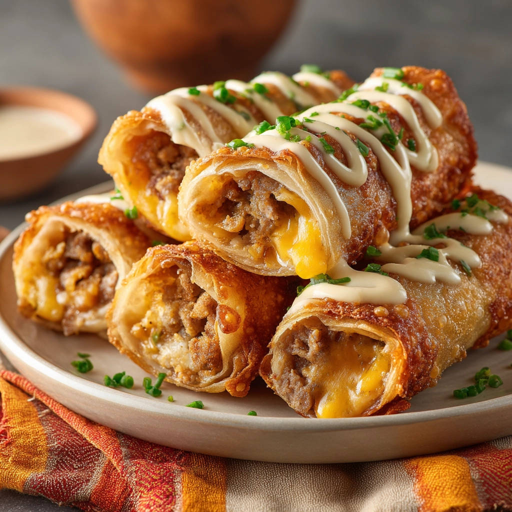 Cheesesteak egg rolls shown in a cross-section revealing melty cheese and meat, drizzled with sauce and garnished with chives.