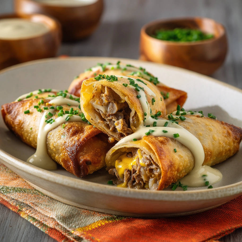 Cheesesteak egg rolls, a close-up cross-section revealing their cheesy and meaty interior, drizzled with sauce and garnished with chives.