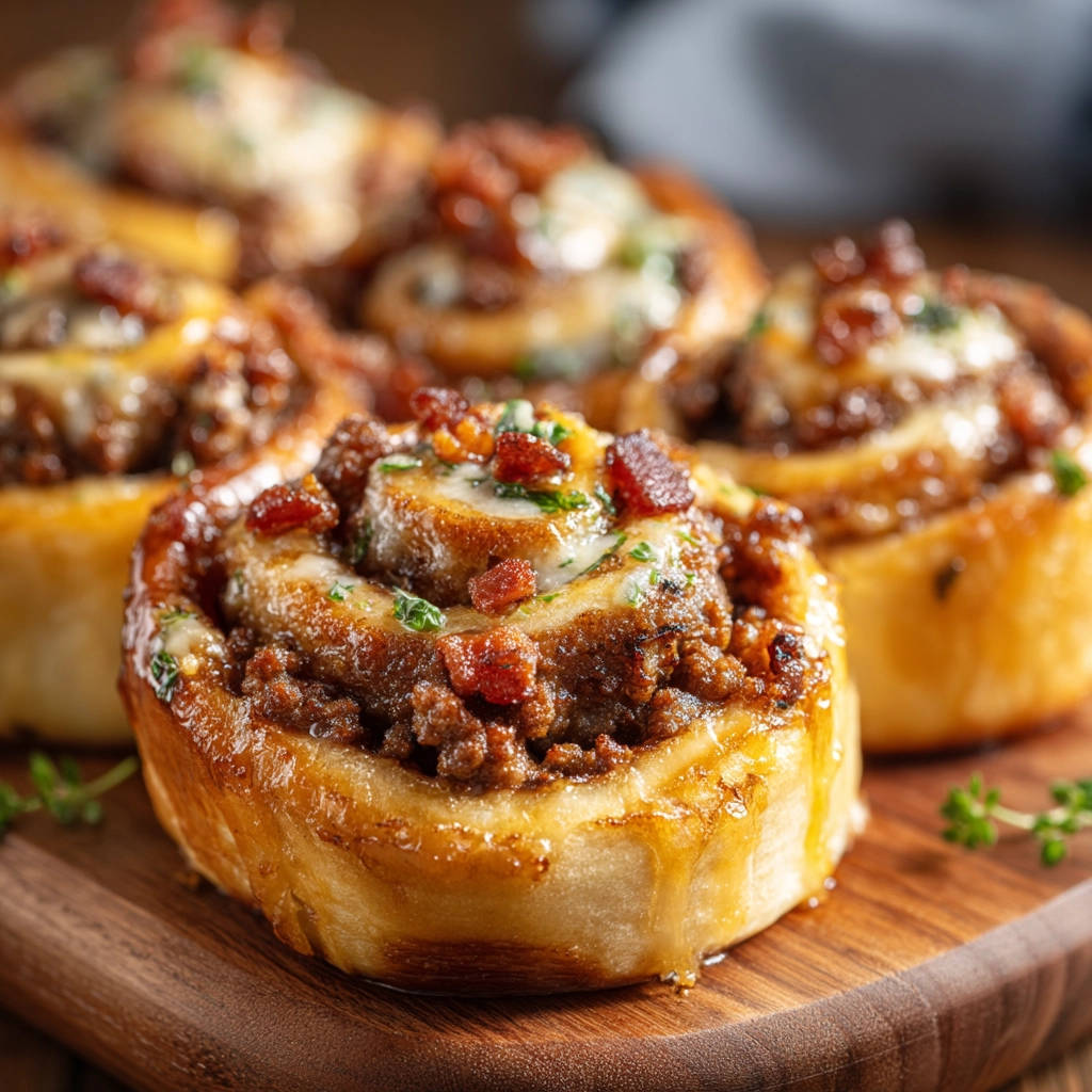 Cheesy bacon beef rolls shown in a close-up view, highlighting the savory filling and crispy bacon topping.