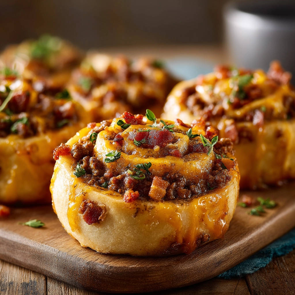 Cheesy bacon beef rolls are shown in a close-up view, highlighting the savory topping and fresh herb garnish.