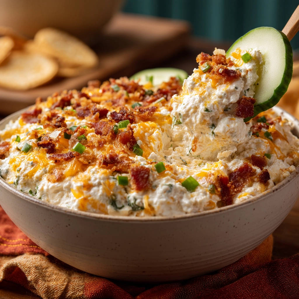 Crowd-Pleasing Cheesy Bacon Dip with a cucumber slice scooping up a generous portion.