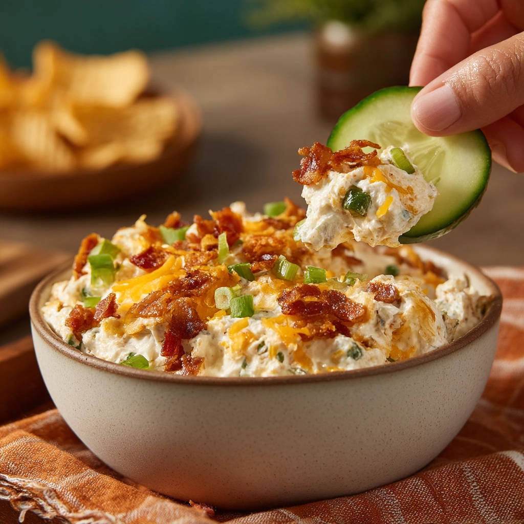 Crowd-pleasing cheesy bacon dip with a cucumber slice scooping a portion and topped with bacon and chives.