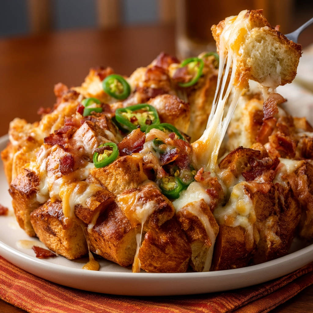 Cheesy bacon jalapeño pull-apart bread with a gooey cheese pull being lifted on a fork.