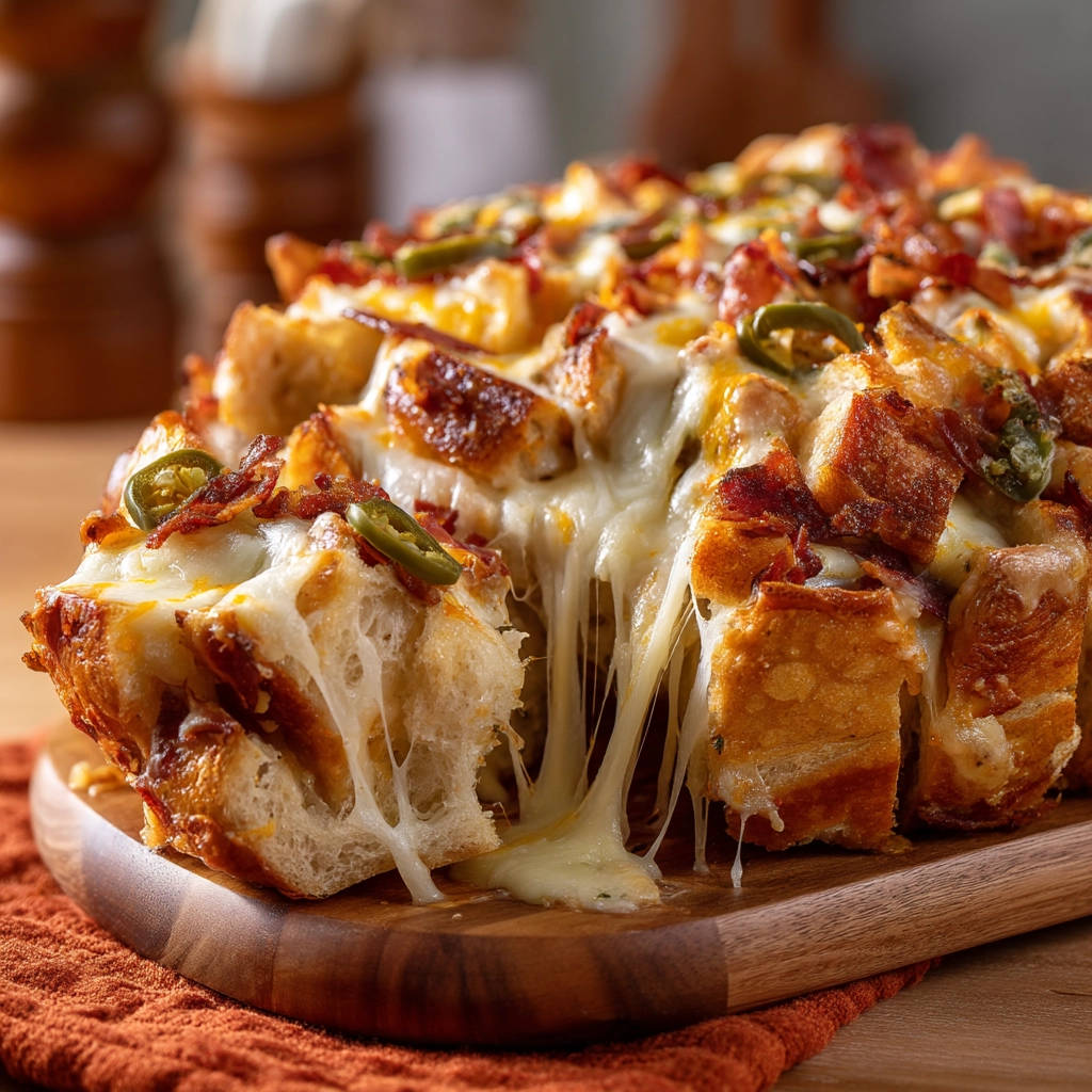 Cheesy bacon jalapeño pull-apart bread with a gooey cheese pull, showcasing the melty interior.