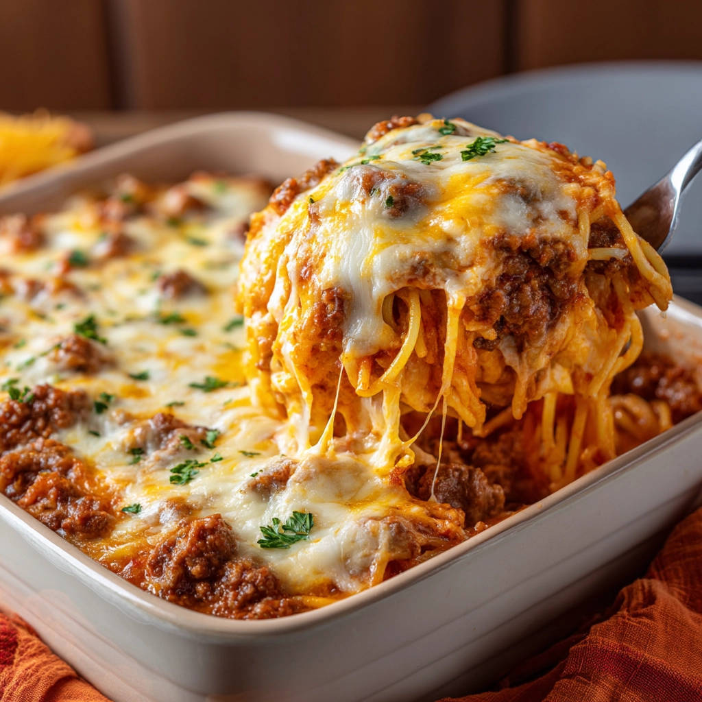 Cheesy baked spaghetti, with a serving spoon lifting a portion showing a gooey cheese pull.