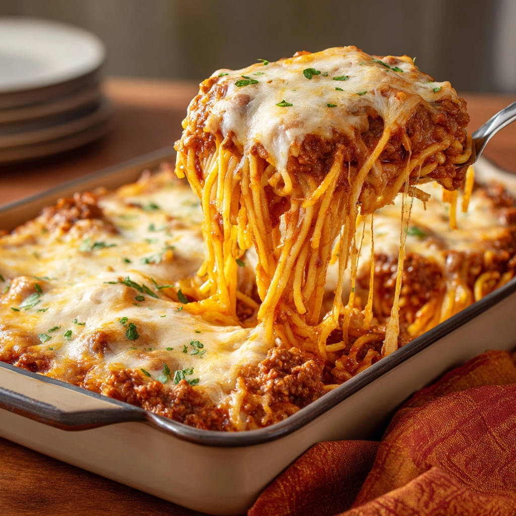 Cheesy baked spaghetti is lifted from the casserole dish, showing strands of pasta coated in sauce and melted cheese.