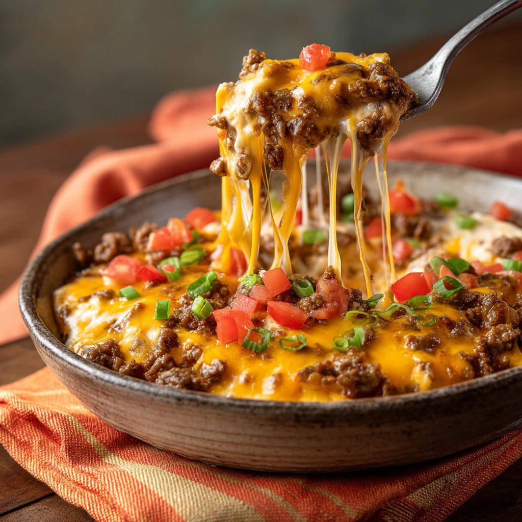 Cheesy beef dip with a fork lifting gooey, stretching cheese, topped with fresh tomatoes and green onions.