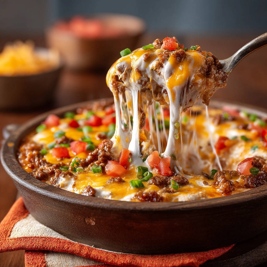 Cheesy beef dip with a dramatic, stretchy cheese pull being lifted by a spoon.