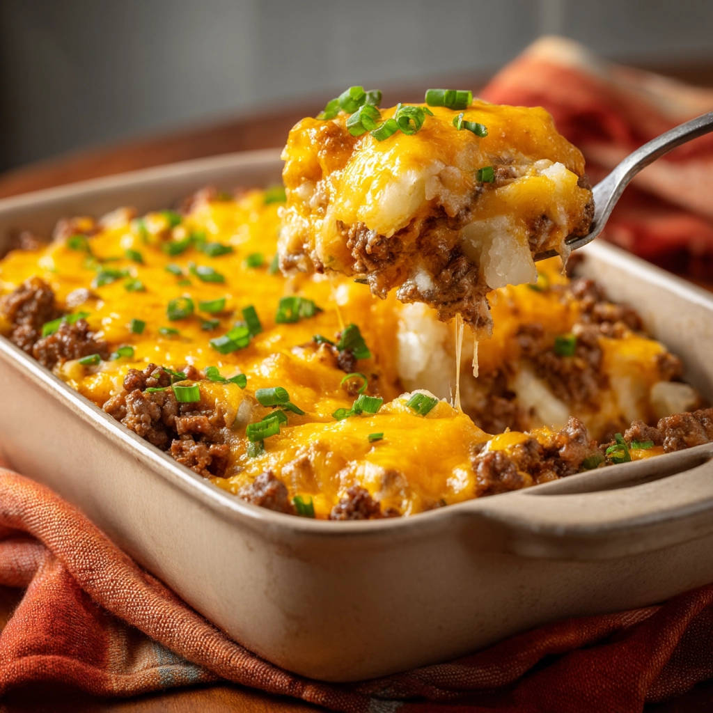 Cheesy beef & potato bake with a serving lifted by a fork, showing melted cheese and a secret juicy meat layer.