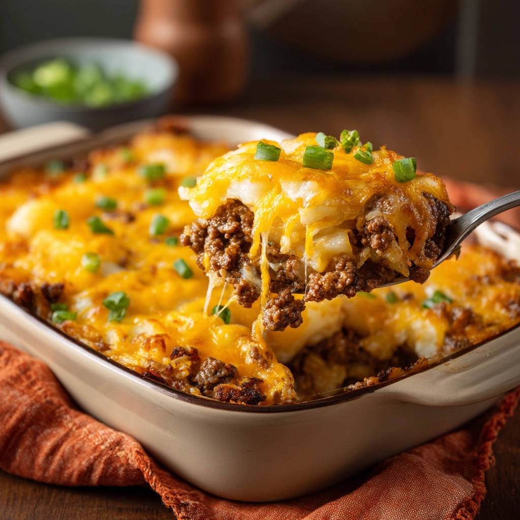 Cheesy beef & potato bake slice being lifted from the baking dish, showing layers of meat and potatoes with melted cheese.