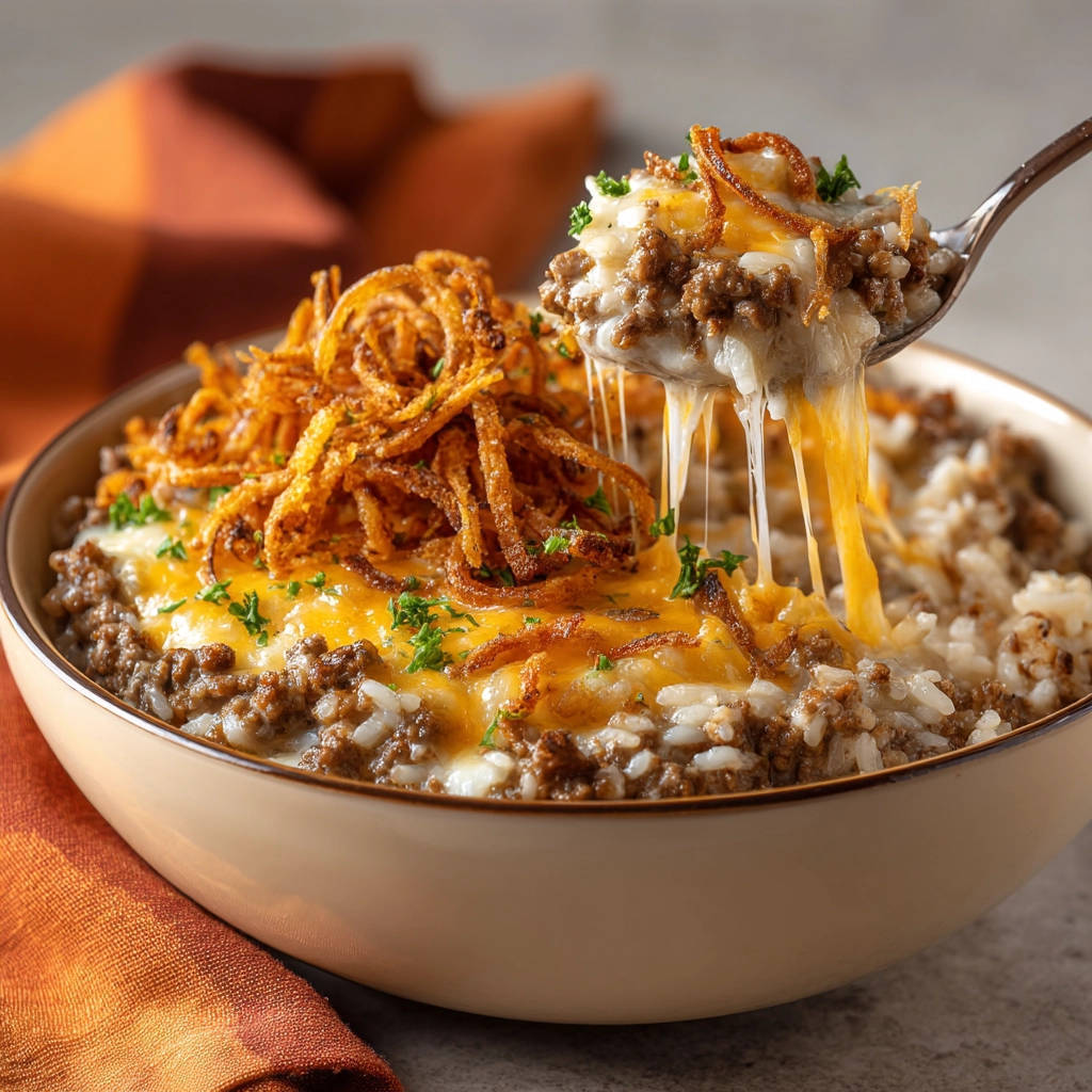 Cheesy beef & rice bowl with a spoonful of melted cheese and fried onions being lifted from the bowl.
