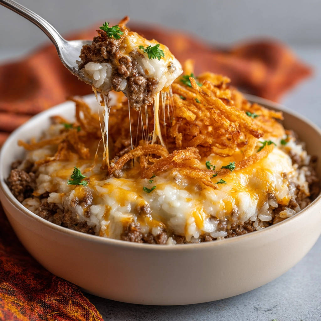 Cheesy beef and rice bowl with a spoonful being lifted, showing melted cheese strings and a golden fried onion topping.