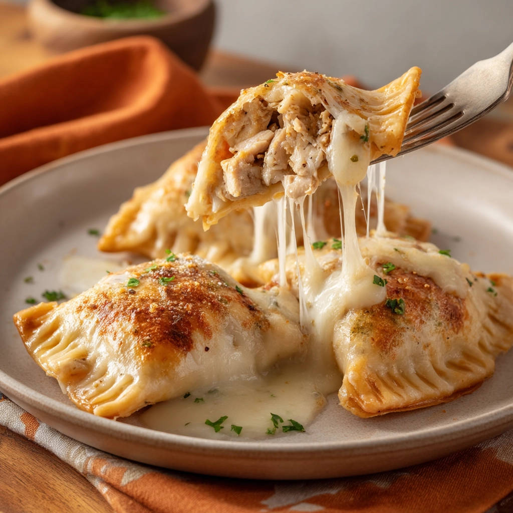 Cheesy chicken empanadas with a gooey cheese pull being lifted by a fork.