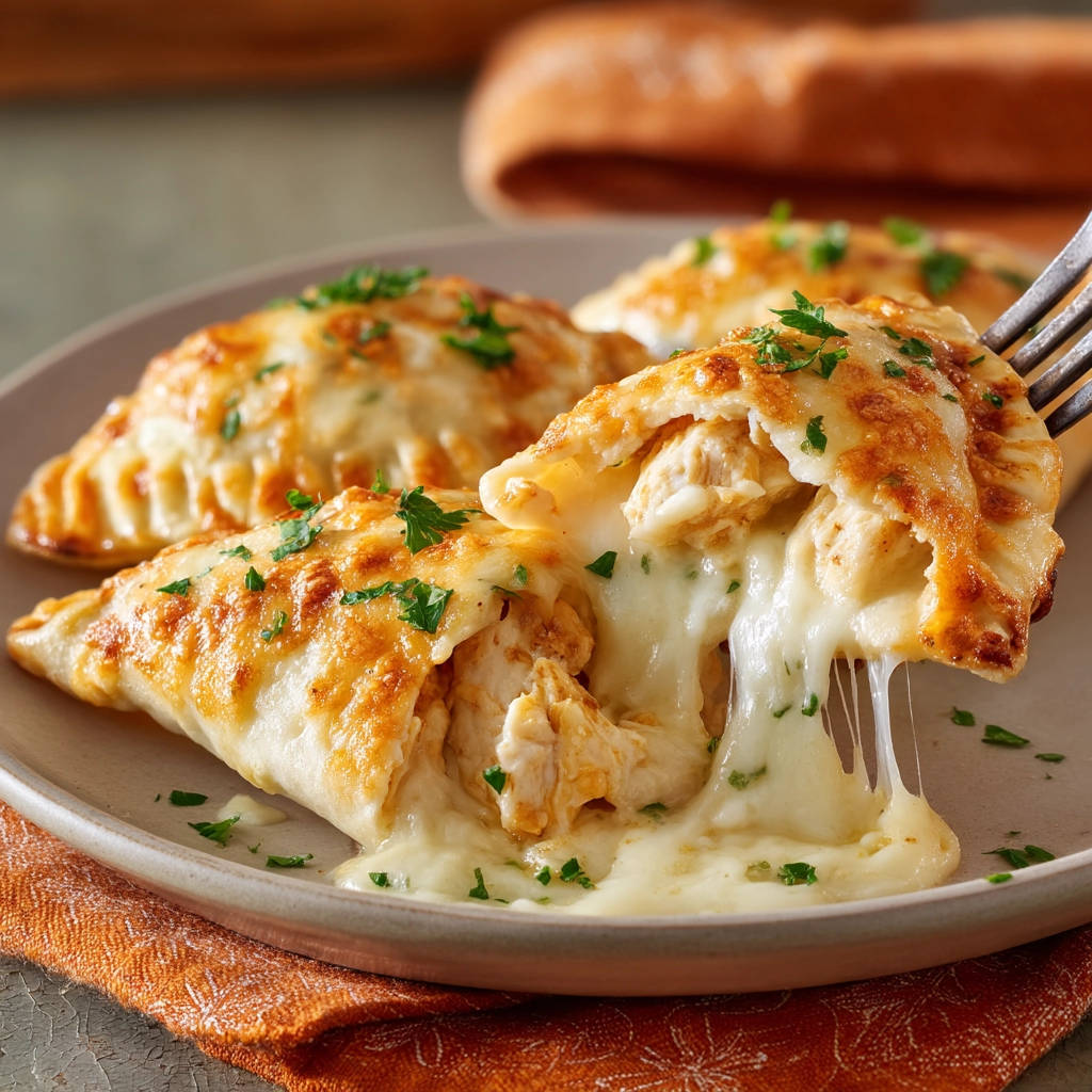 Cheesy chicken empanadas with a gooey cheese pull as one is lifted by a fork from a plate.