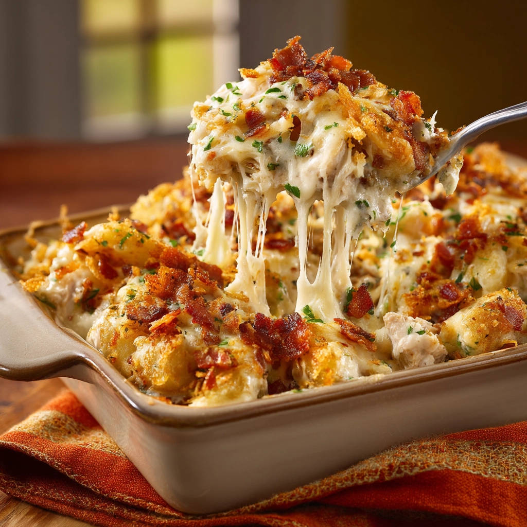 Easy Cheesy Chicken & Potato Bake shown with a spoonful lifting to reveal a dramatic cheese pull.