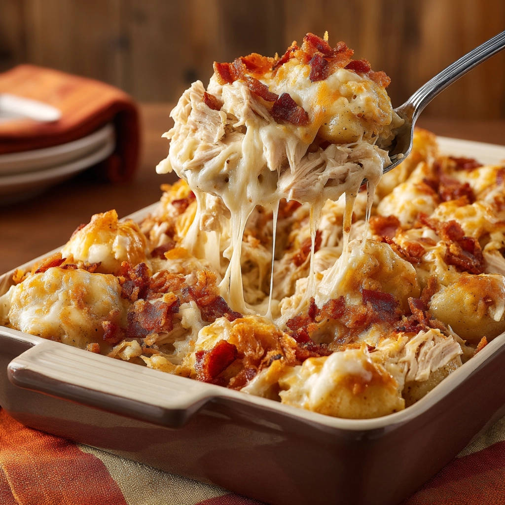 Easy Cheesy Chicken & Potato Bake with a spoonful being lifted, showing gooey cheese pull.